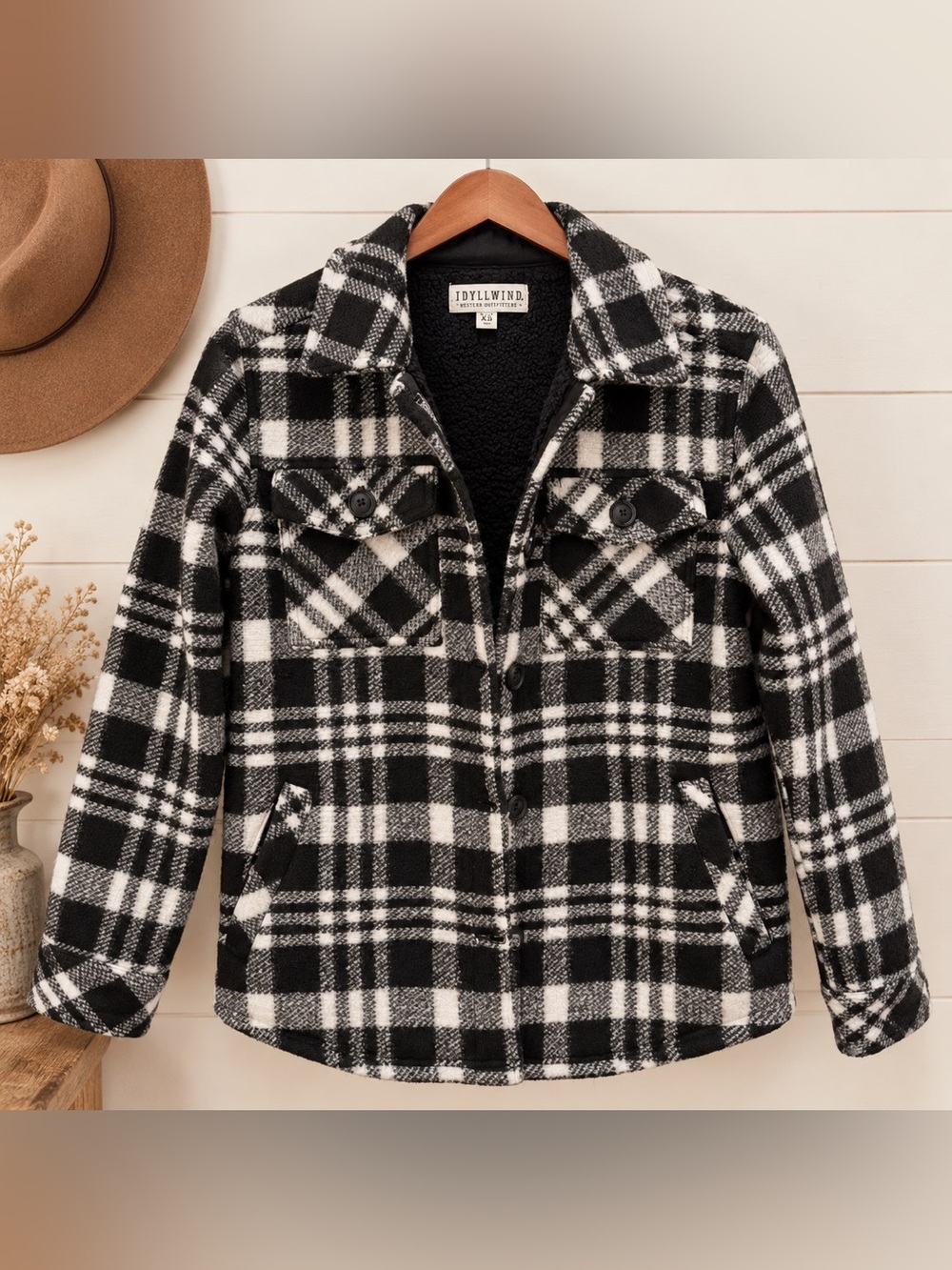 Idylwind Sherpa Lined Plaid Shacket XS Black White Western Jacket